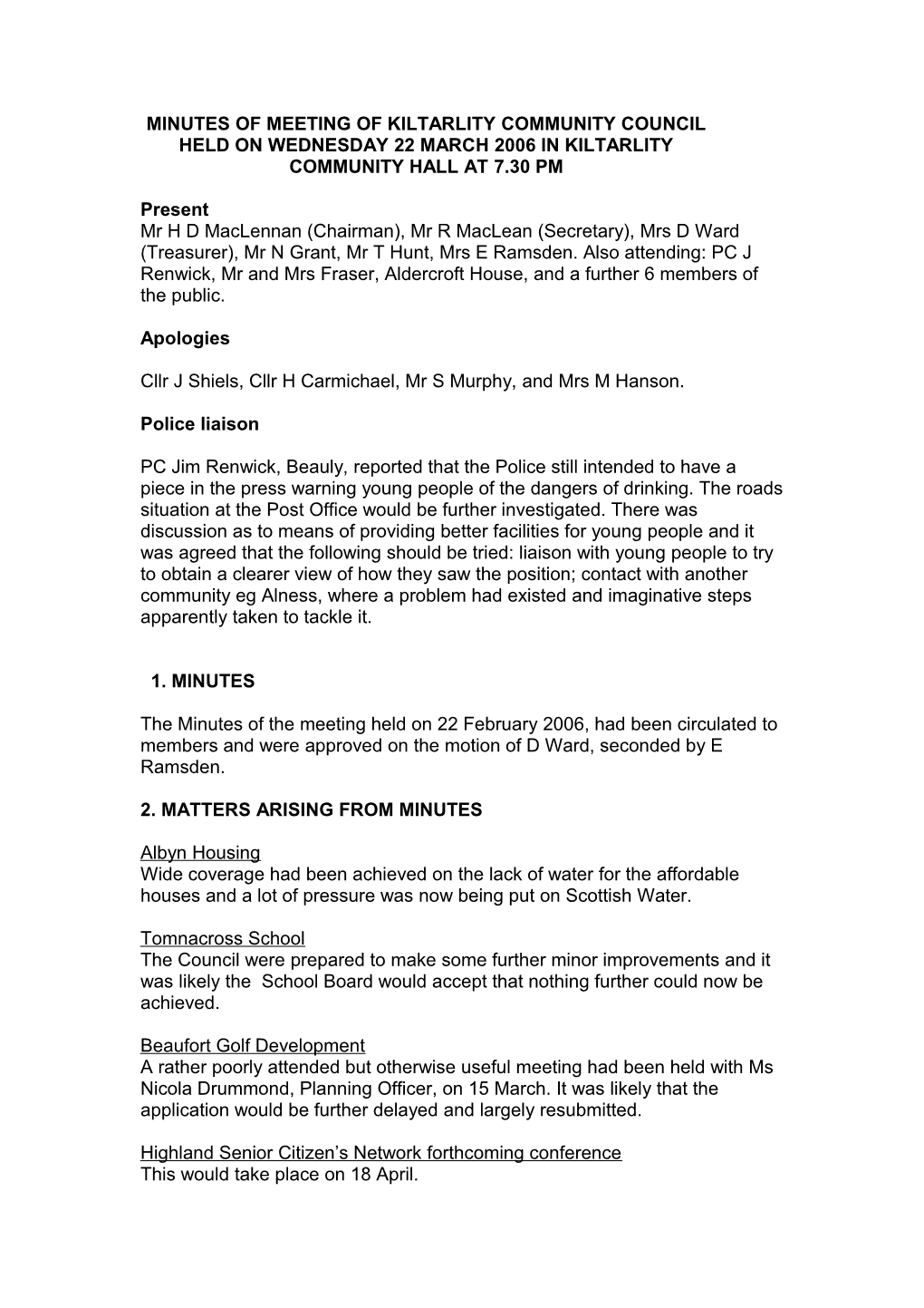 Minutes of Meeting of Kiltarlity Community Council Held on Wednesday 29 September 2004