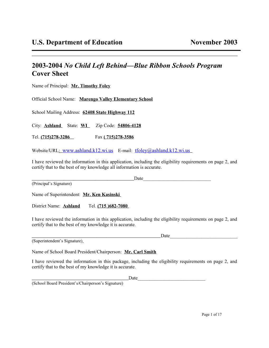 Marengo Valley Elementary School 2004 No Child Left Behind-Blue Ribbon School Application