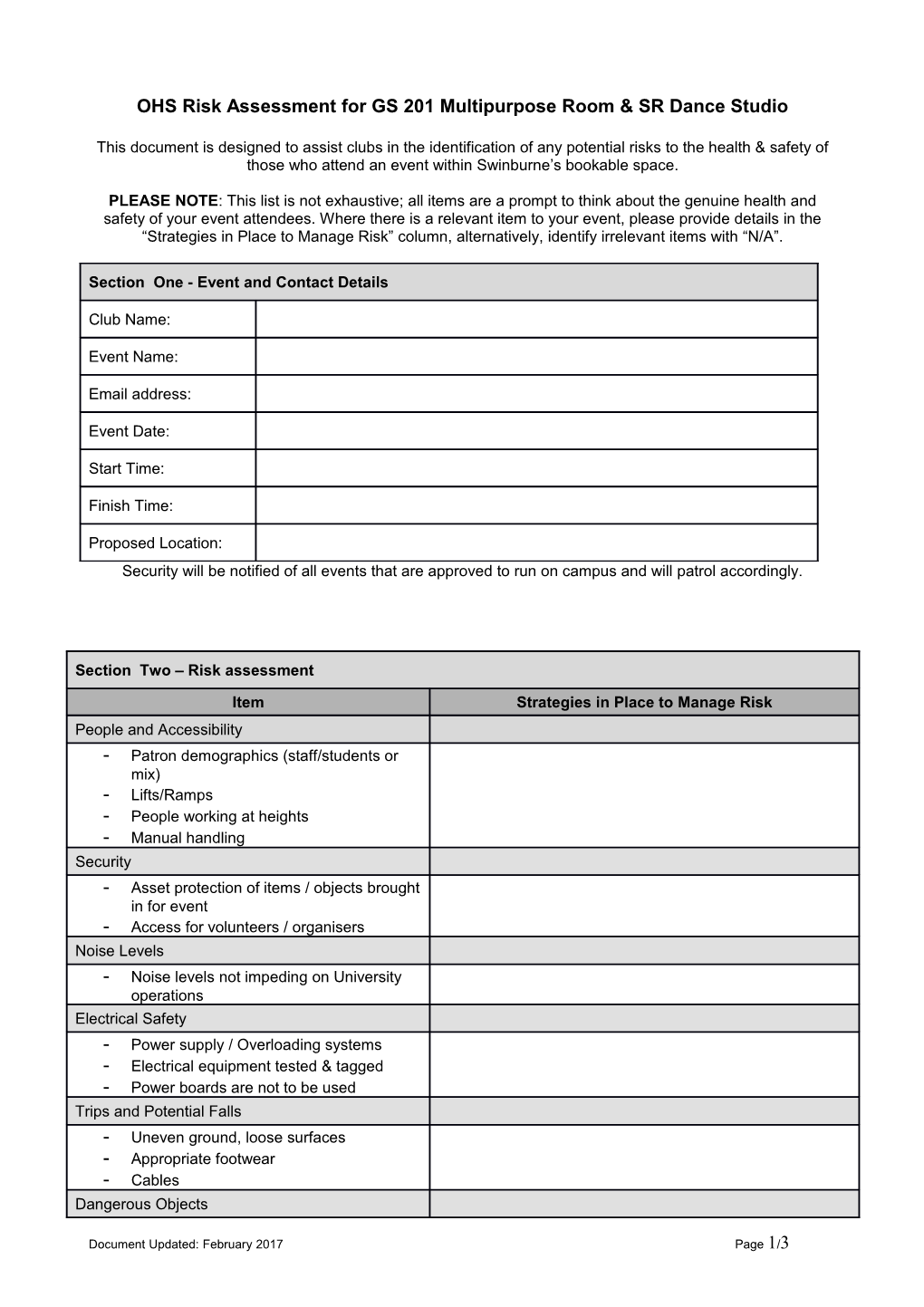 OHS Risk Assessment for GS 201 Multipurpose Room & SR Dance Studio