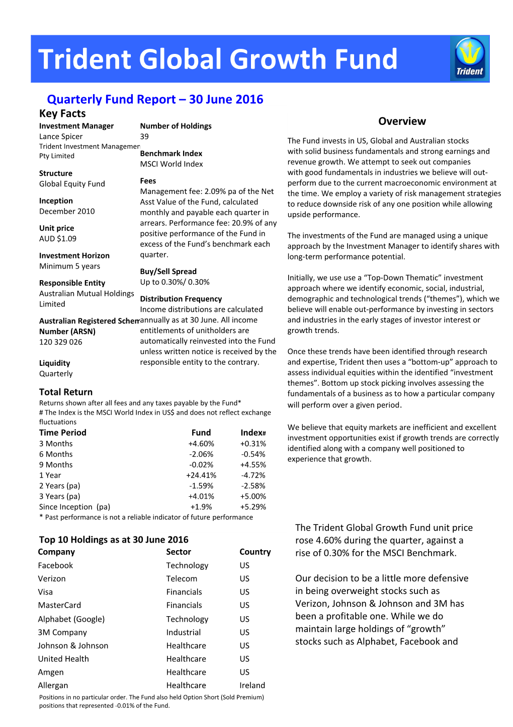 Trident Global Growth Fund Quarterly Fund Manager S Report 30 June 2016