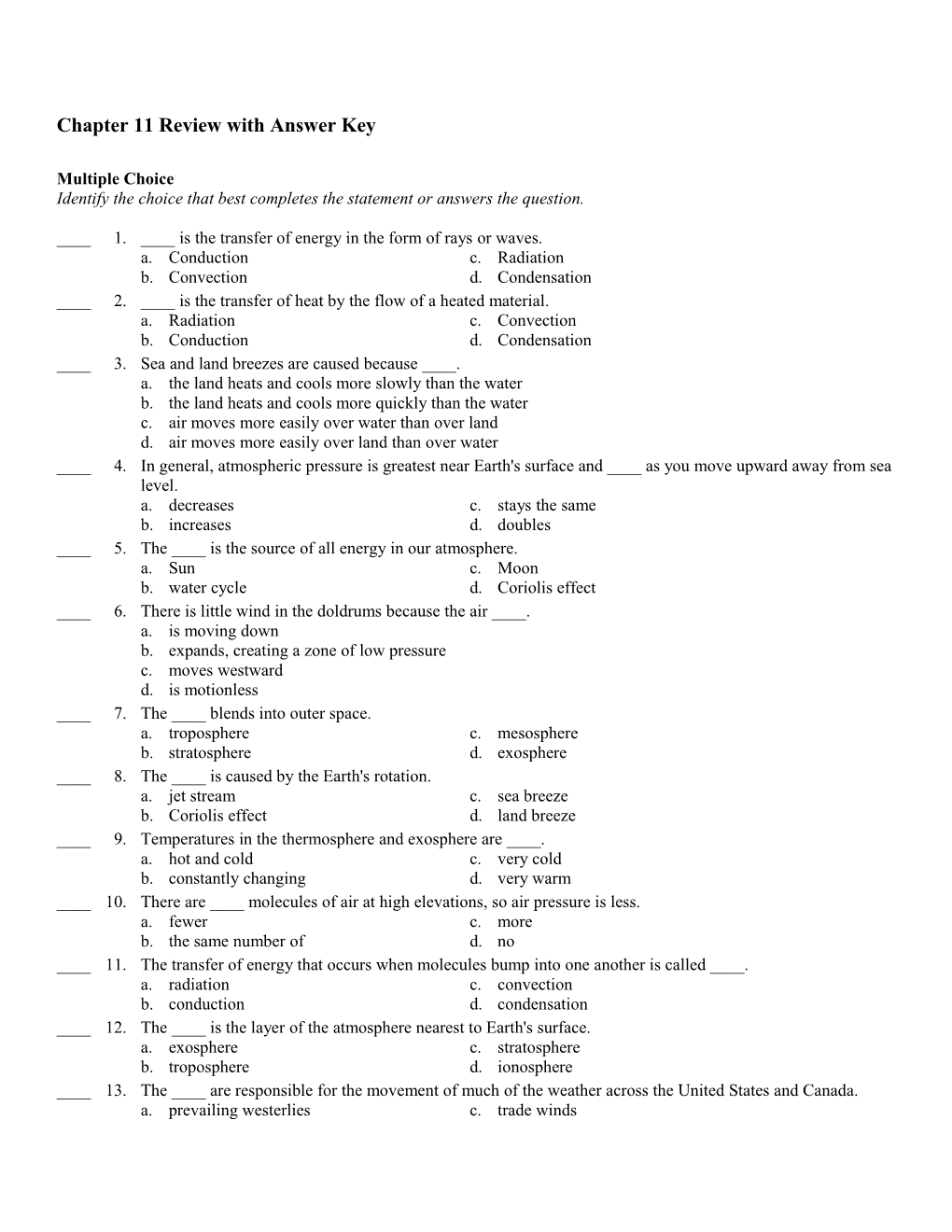 Chapter 11 Review with Answer Key