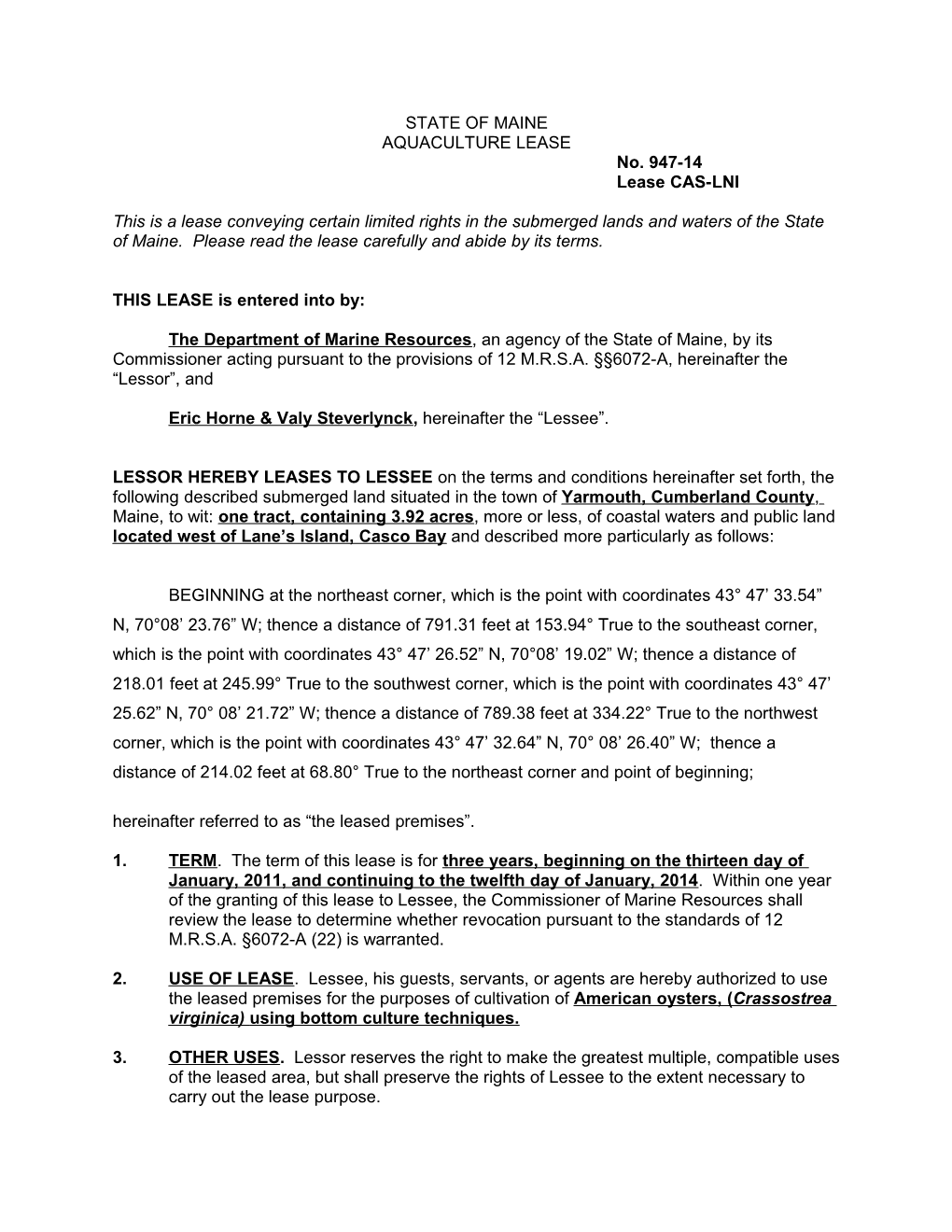 Template for Experimental Lease with Single Lessee