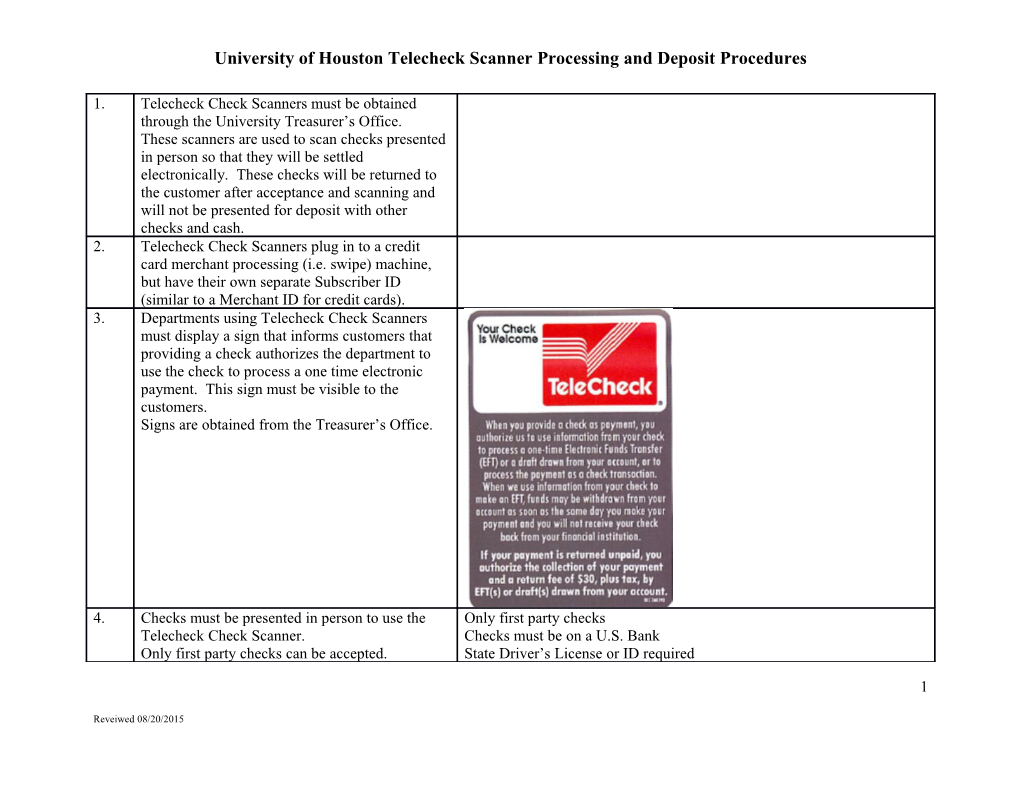 University of Houston Telecheck Scanner Processing and Deposit Procedures