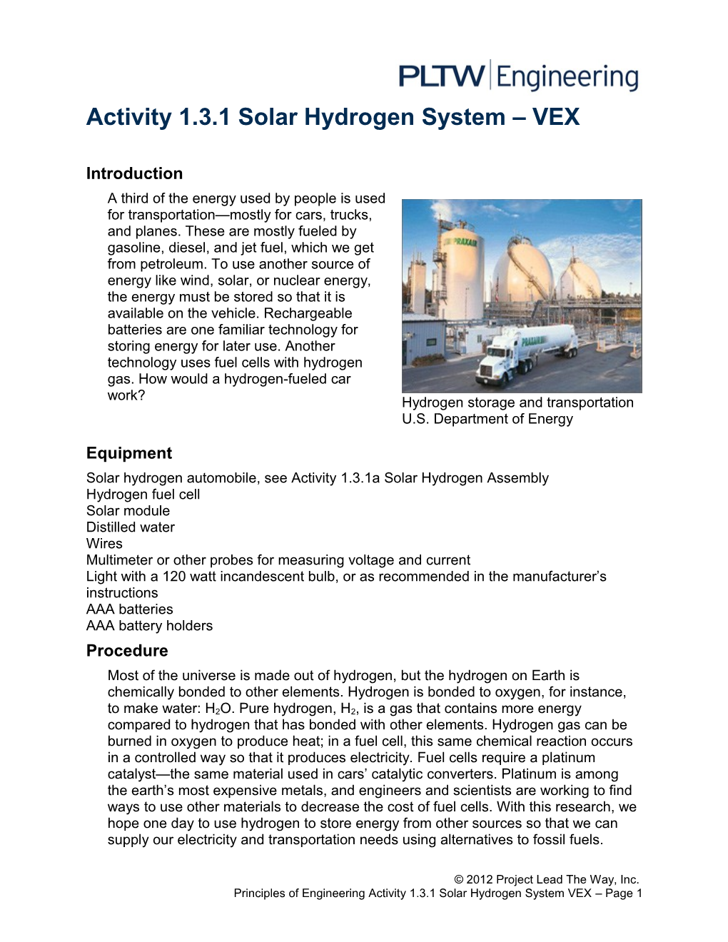 Activity 1.3.1 Solar Hydrogen System VEX