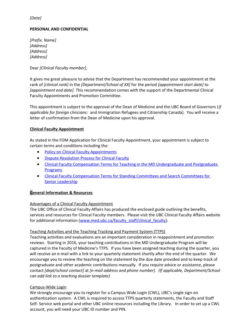 Draft Template Letter for Administrators to Send to New Clinical Faculty Members