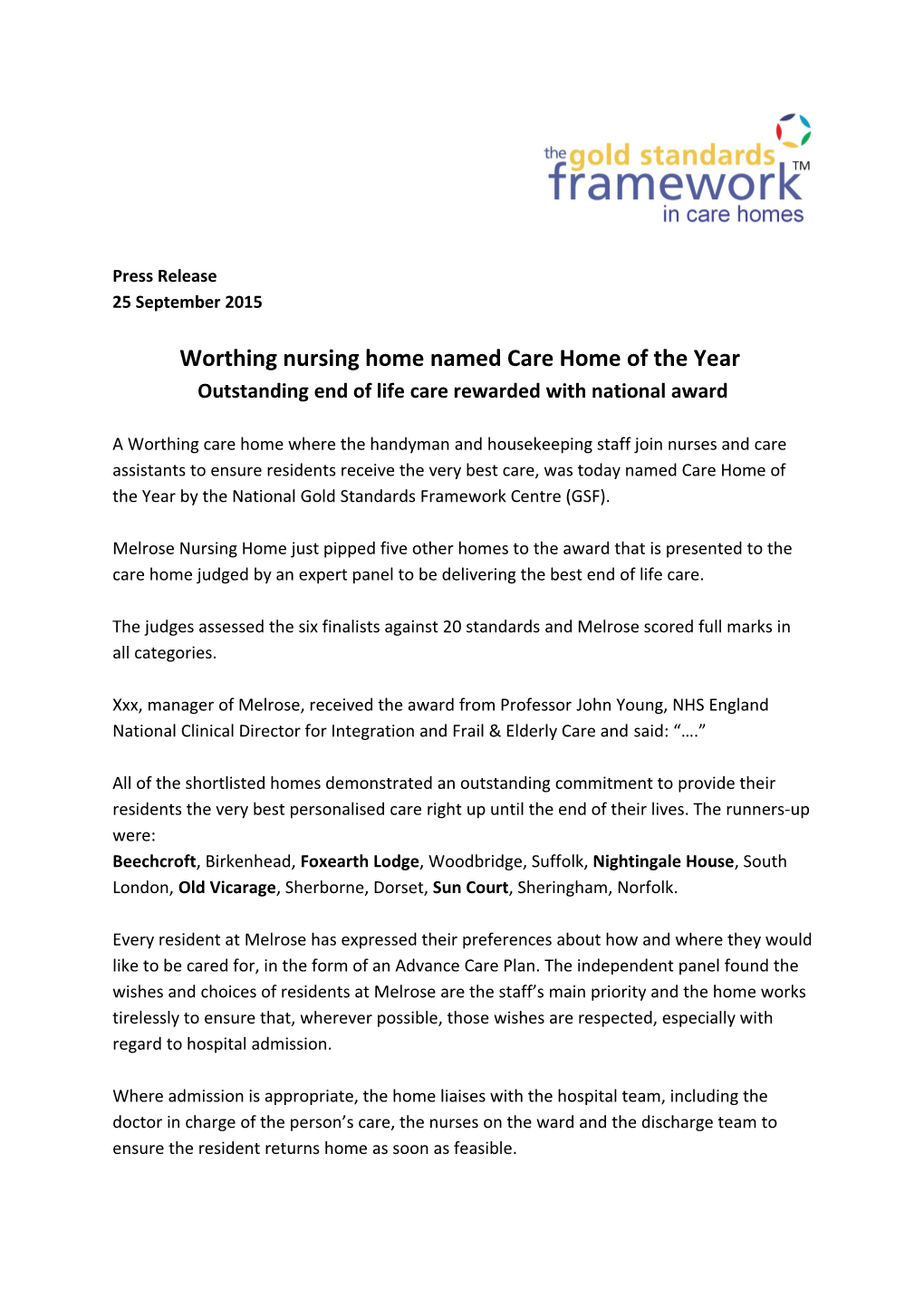 Worthingnursing Home Named Care Home of the Year