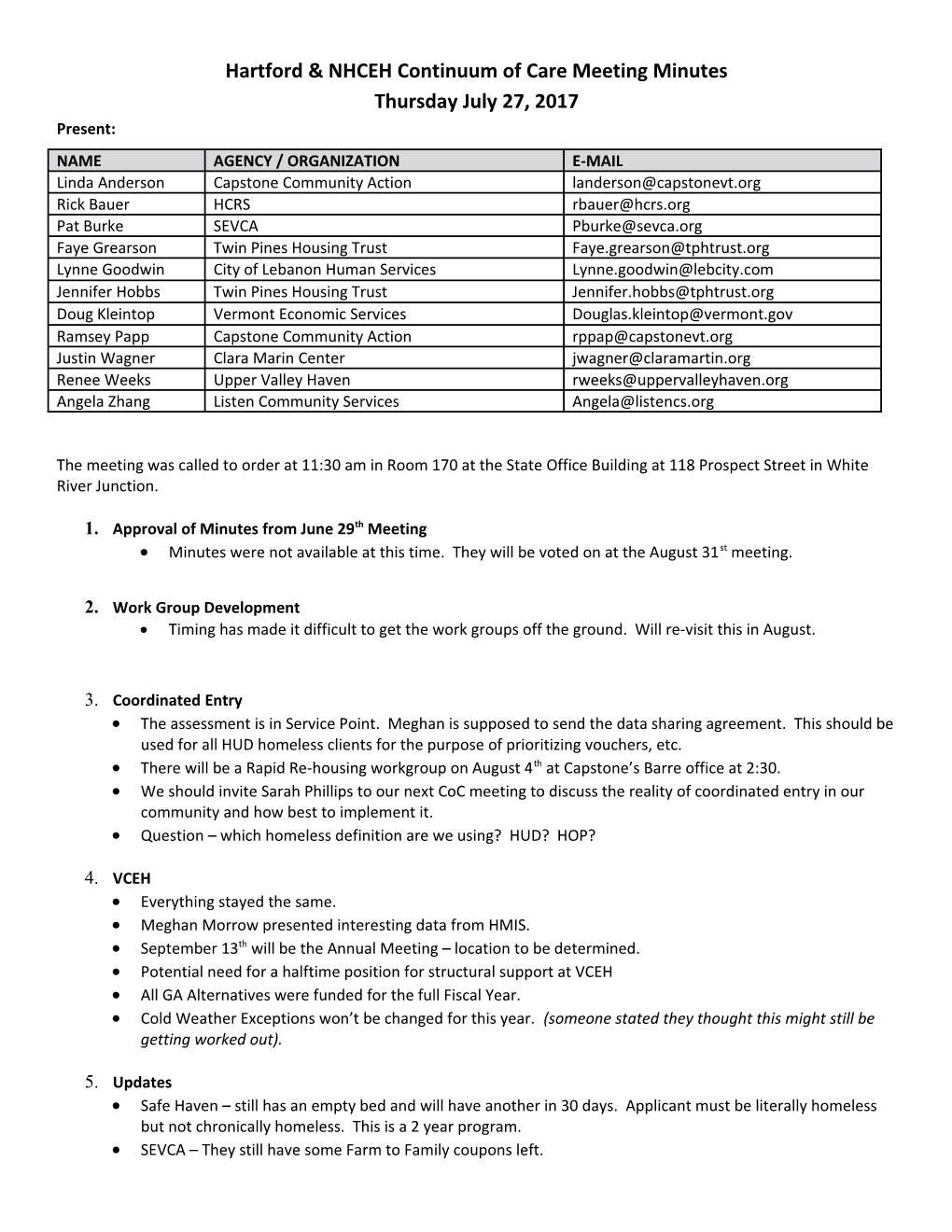 Hartford & NHCEH Continuum of Care Meeting Minutes