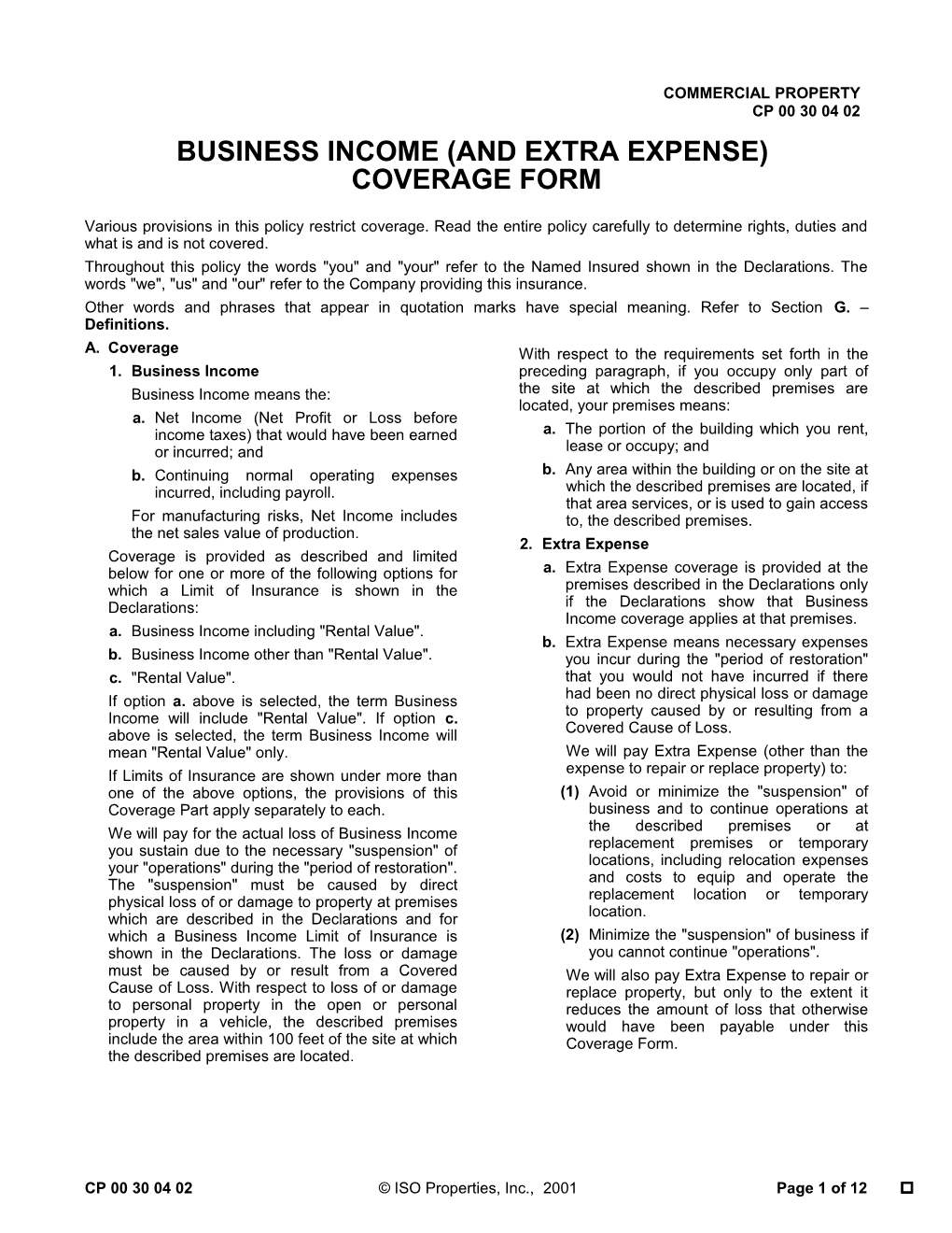 Business Income (And Extra Expense) Coverage Form