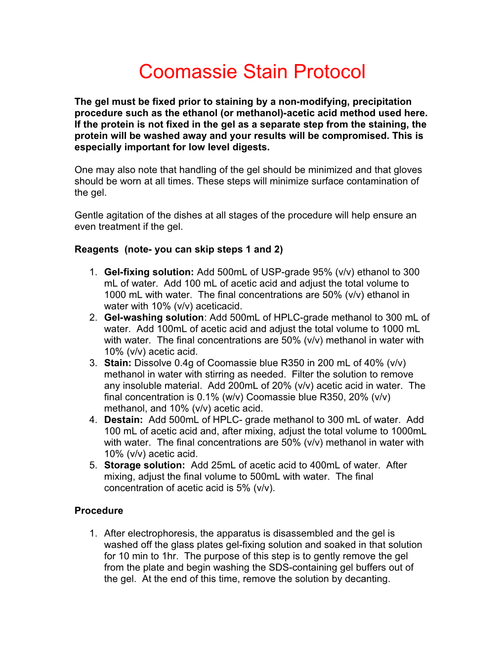 Coomassie Stain Protocol