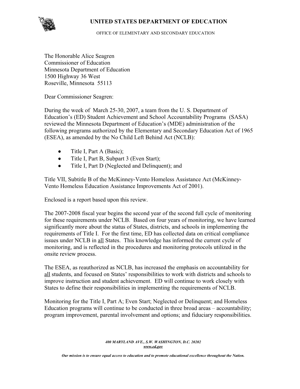 Monitoring Letter to Minnesota Regarding March 25-30, 2007 Monitoring Review (MS WORD)