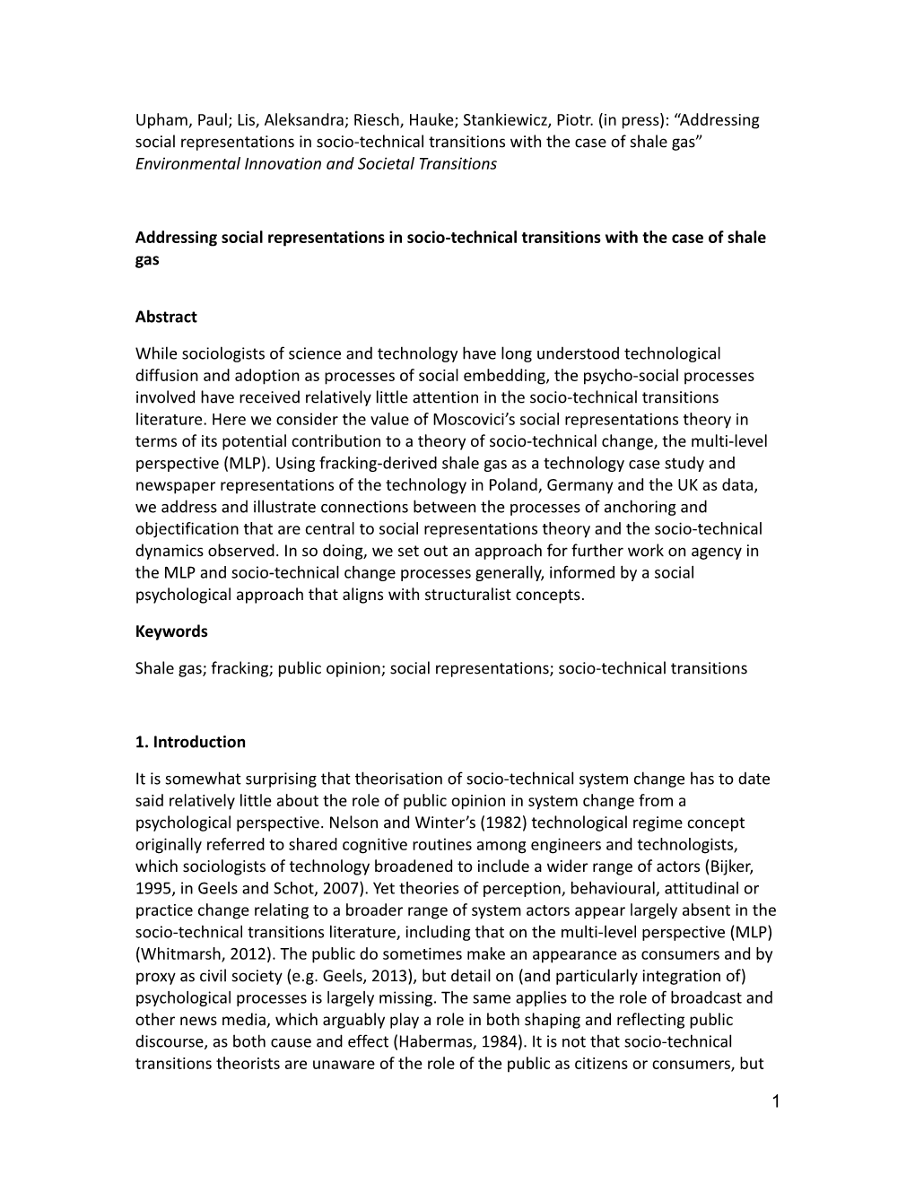 Addressing Social Representations in Socio-Technical Transitions with the Case of Shale Gas