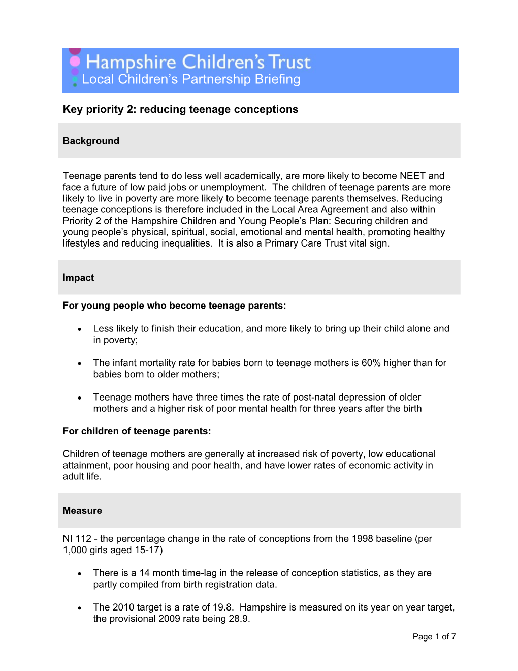 Guidance Note for Local Partnerships Around Reducing Teenage Conceptions