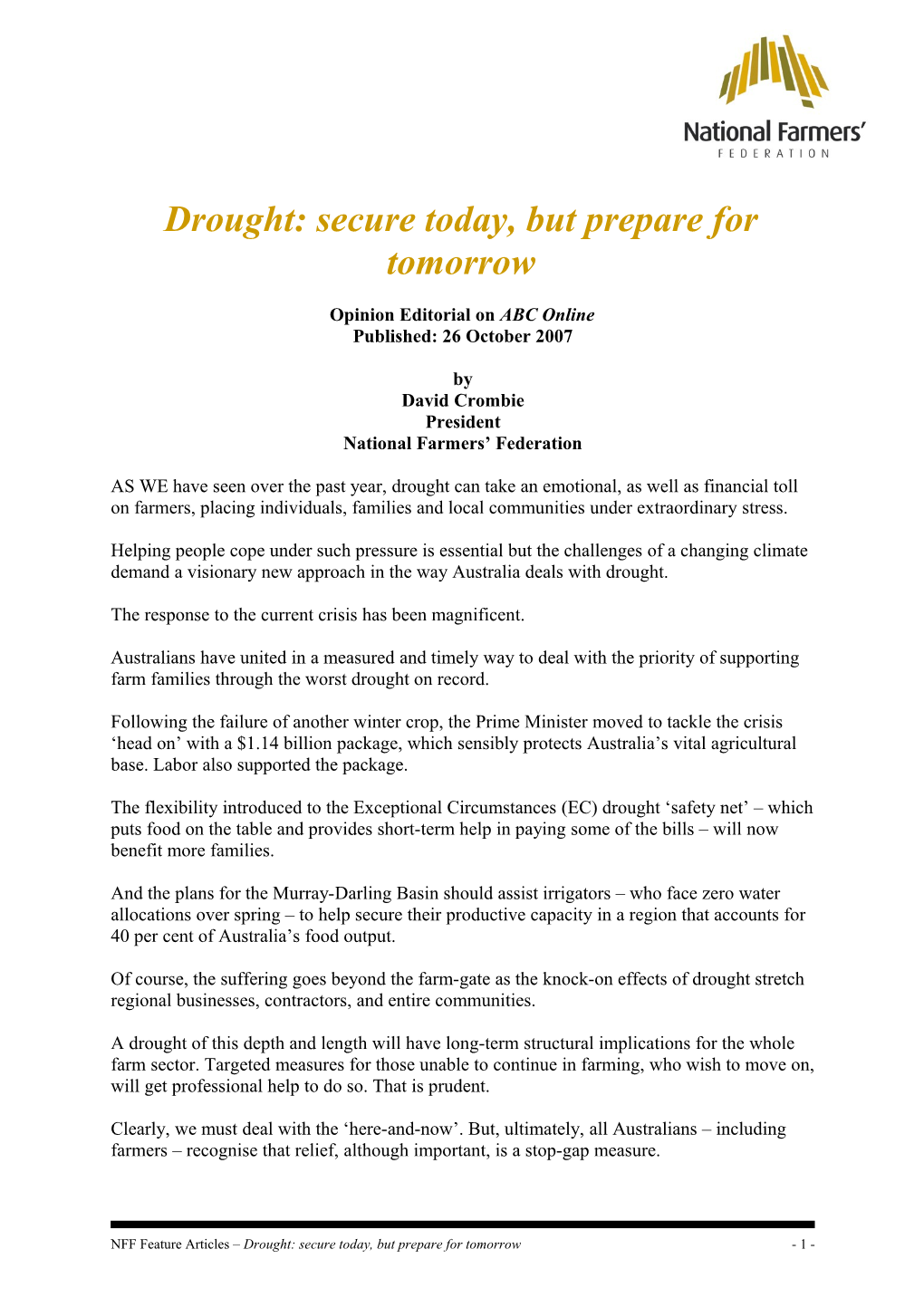 Drought: Secure Today, but Prepare for Tomorrow