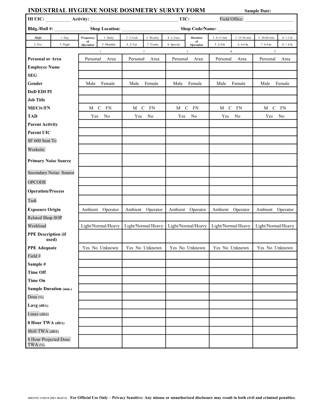 Industrial Hygiene Noise Dosimetry Survey Form