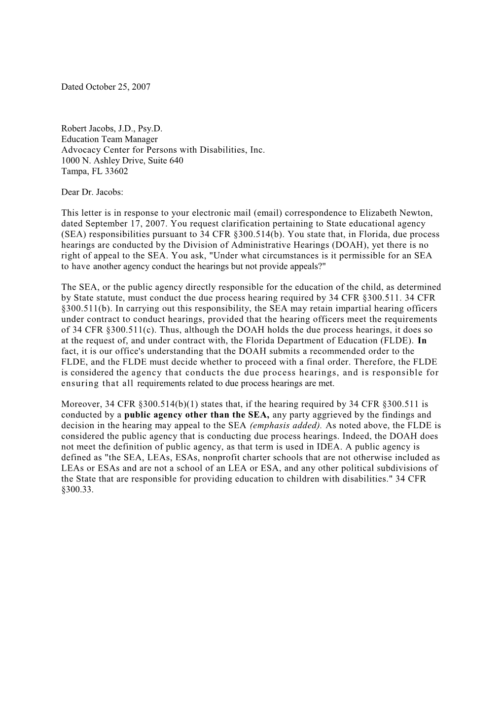 Jacobs Letter Dated 10/25/07 Re: Impartial Due Process Hearing (MS Word)