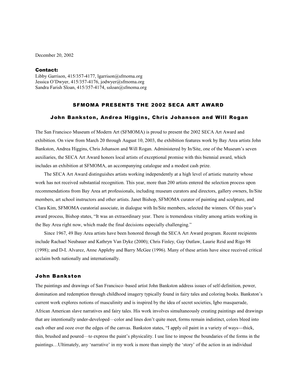 SFMOMA Press Room Press Release: 2002 SECA Art Award
