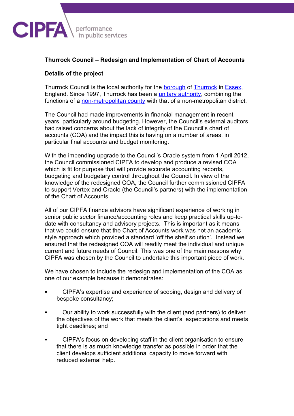 Thurrock Council Redesign and Implementation of Chart of Accounts