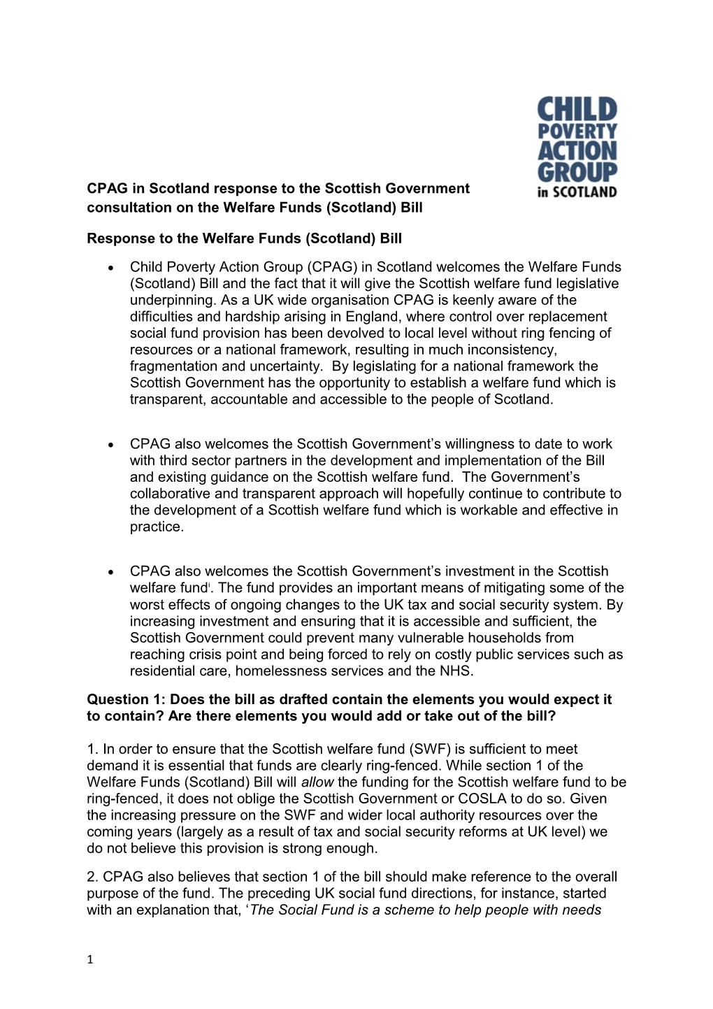 Response to the Welfare Funds (Scotland) Bill