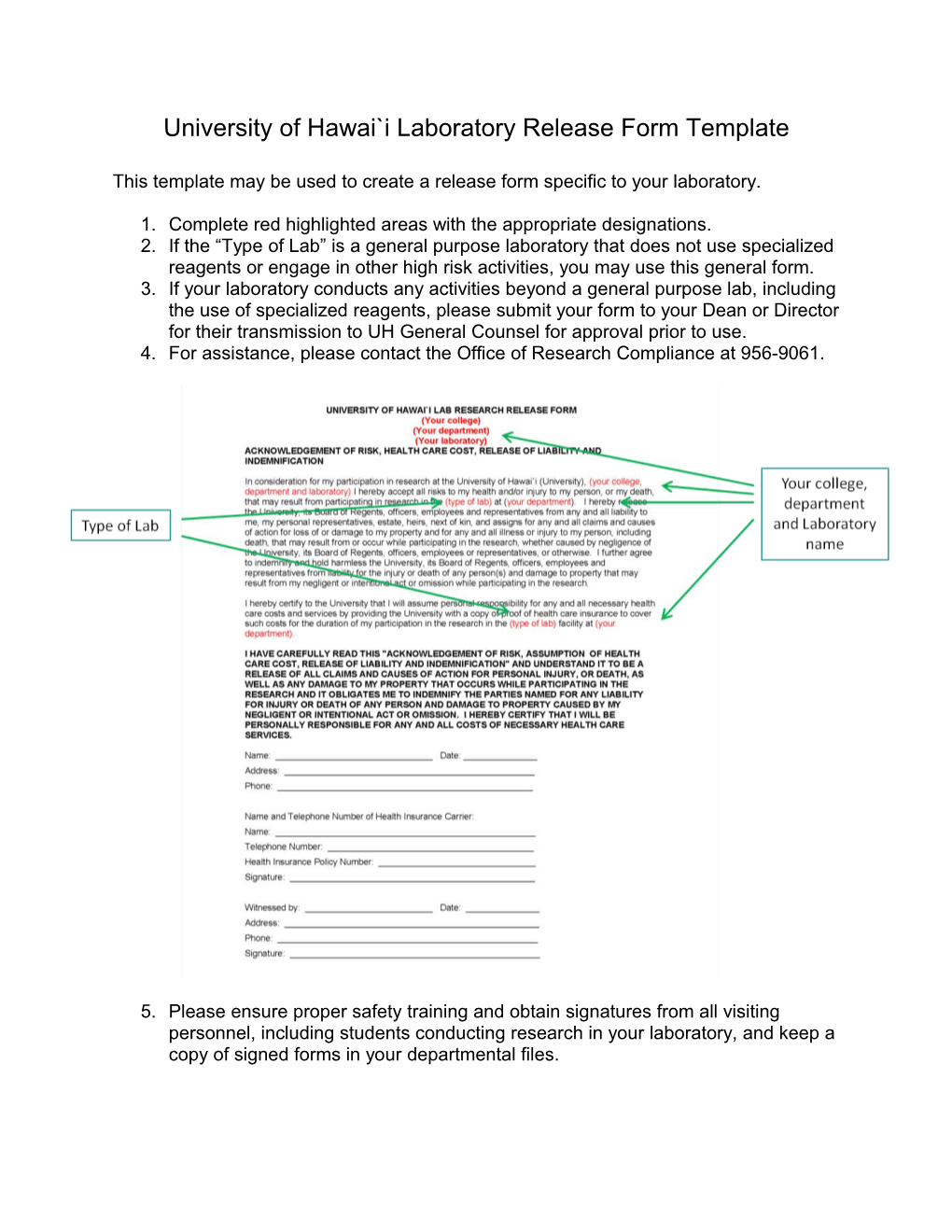 Instructions on Using the University of Hawaii Laboratory Research Release Form Template