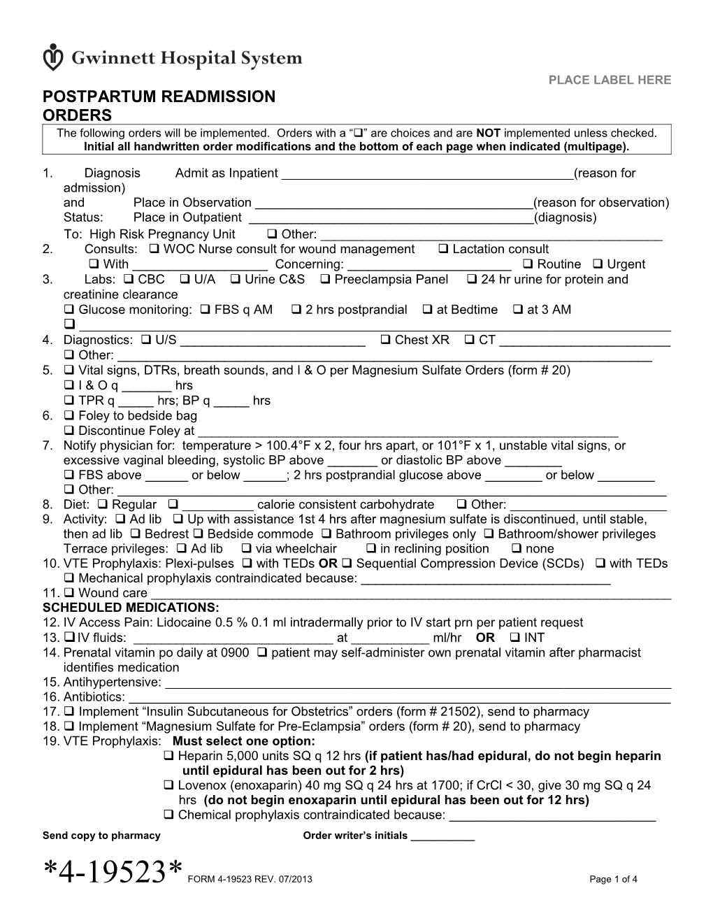 Postpartum Readmission Orders