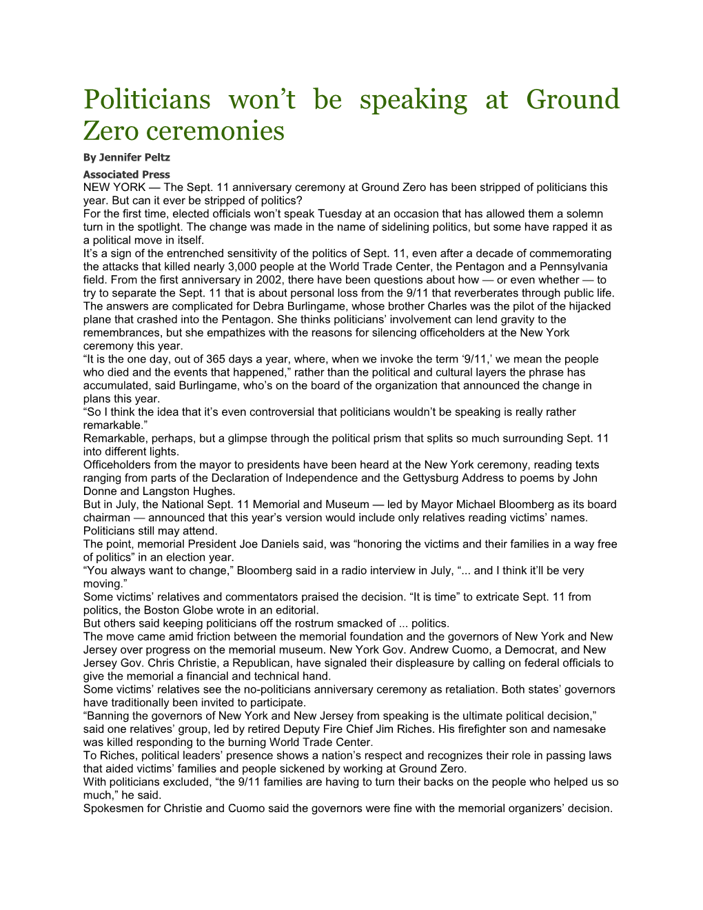 Politicians Won T Be Speaking at Ground Zero Ceremonies