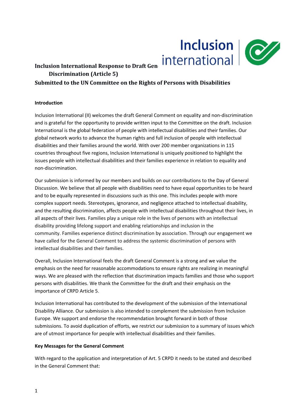 Inclusion International Response to Draft General Comment on Equality and Non- Discrimination