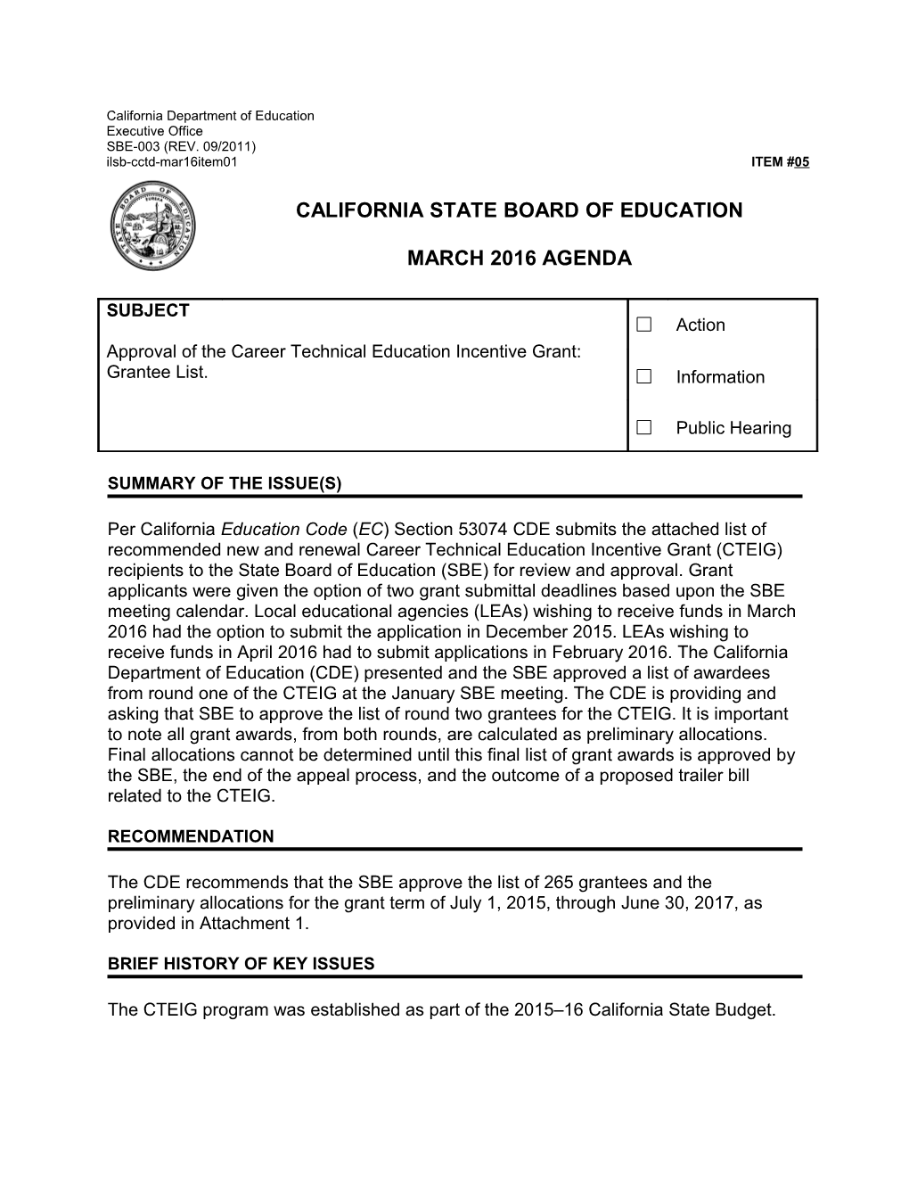 March 2016 Agenda Item 05 - Meeting Agendas (CA State Board of Education)