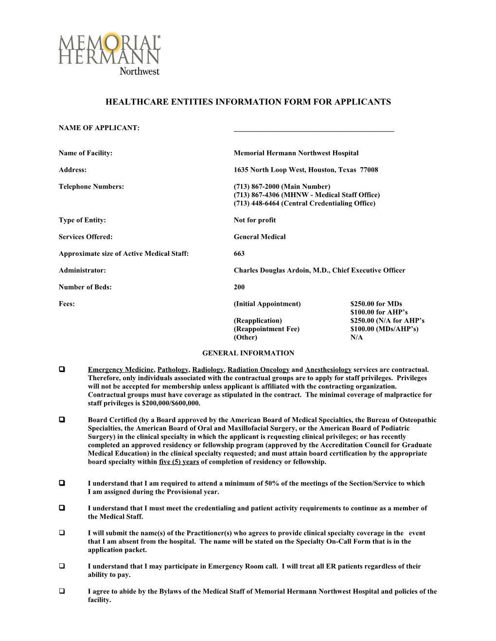 Healthcare Entities Information Form for Applicants