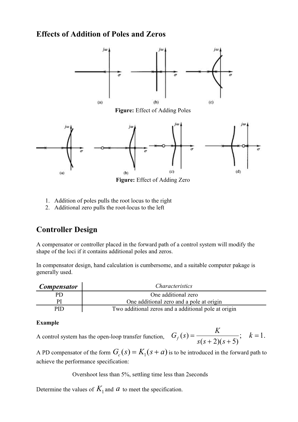 Effects of Addition of Poles and Zeros