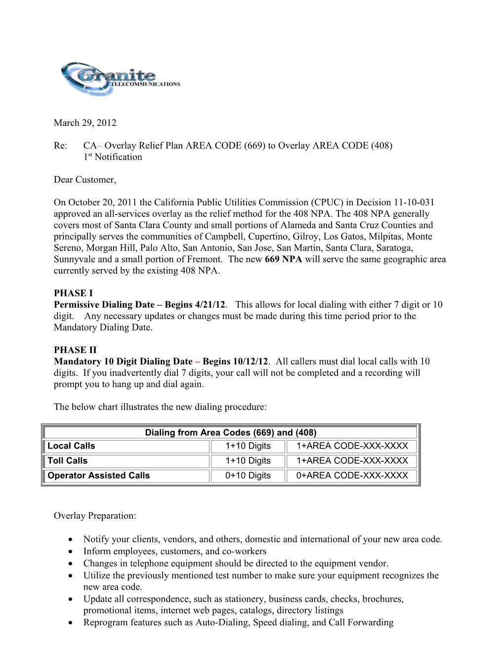 Re:CA Overlay Relief Plan AREA CODE(669) to Overlay AREA CODE (408)