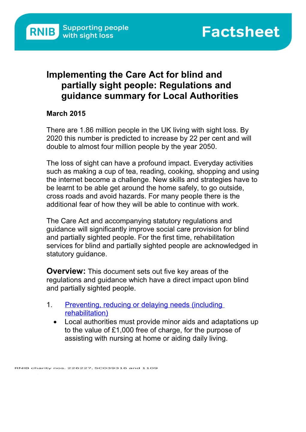 Implementing the Care Act for Blind and Partially Sight People: Regulations and Guidance