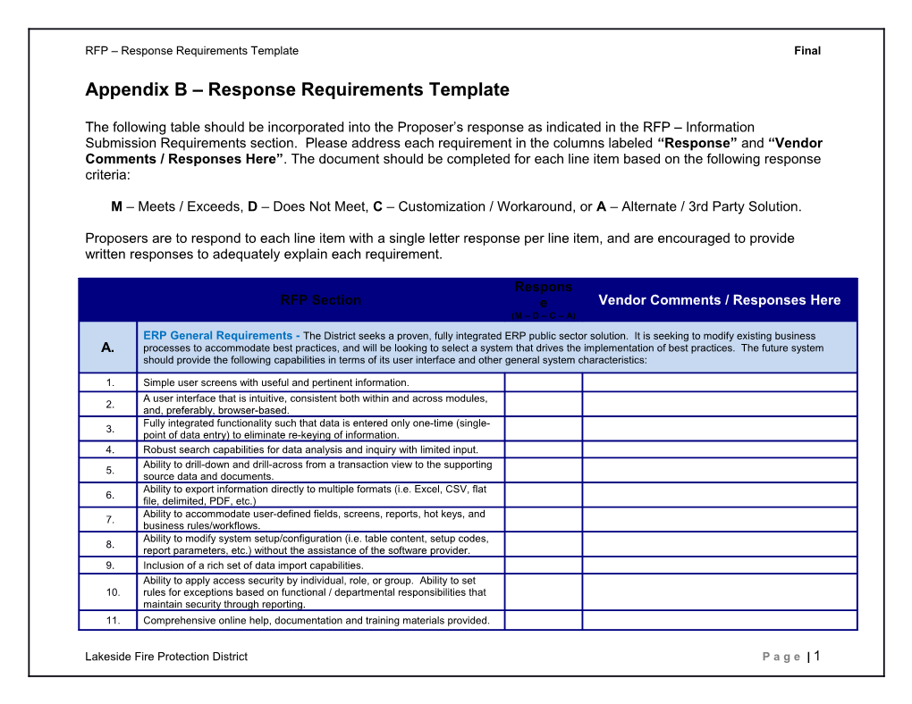 Appendix D - Response Requirements Template