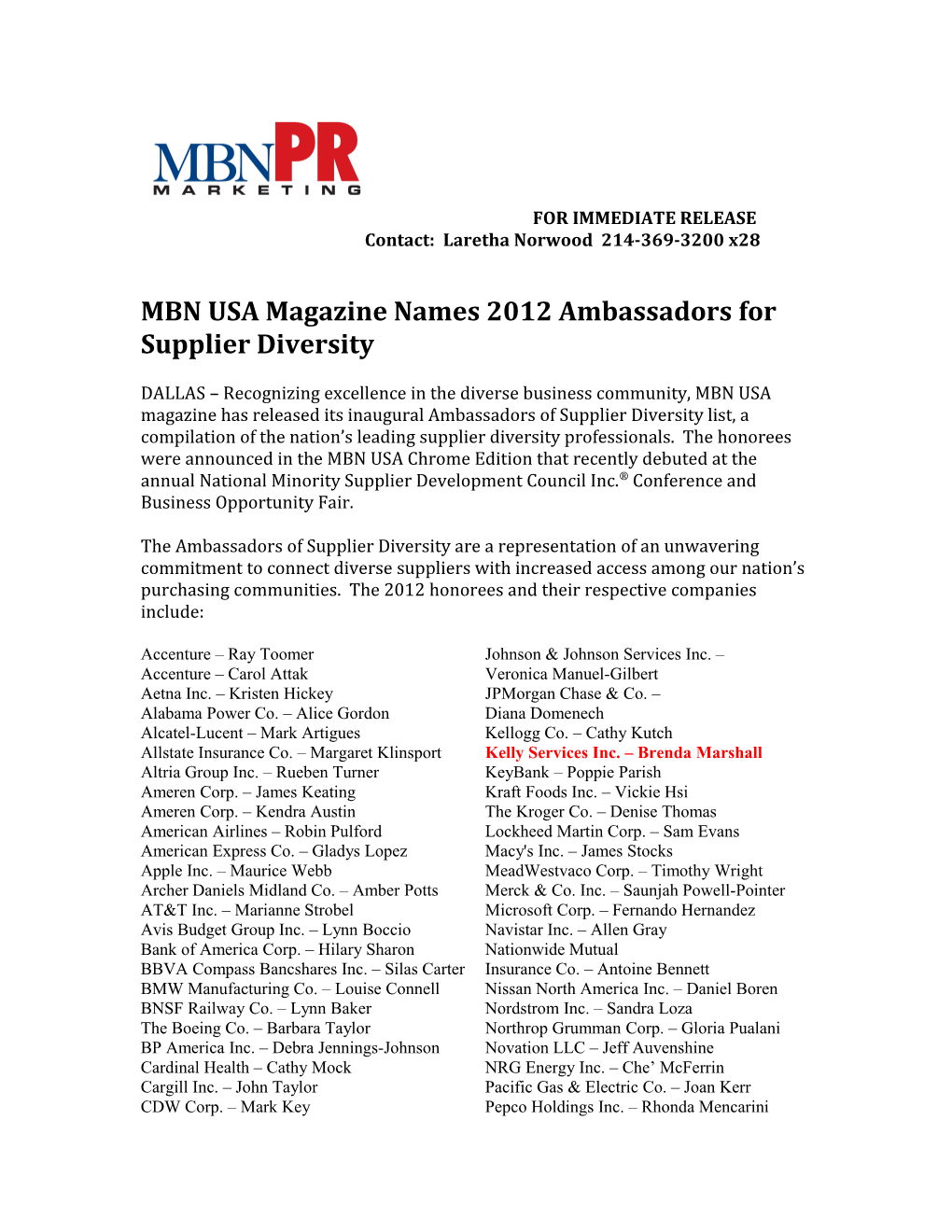 MBN USA Magazine Names 2012 Ambassadors for Supplier Diversity