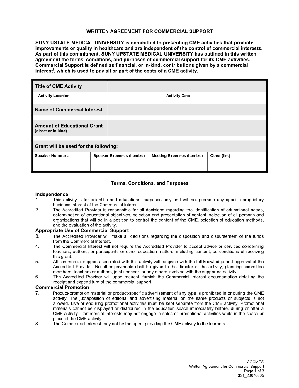 Written Agreement for Commercial Support