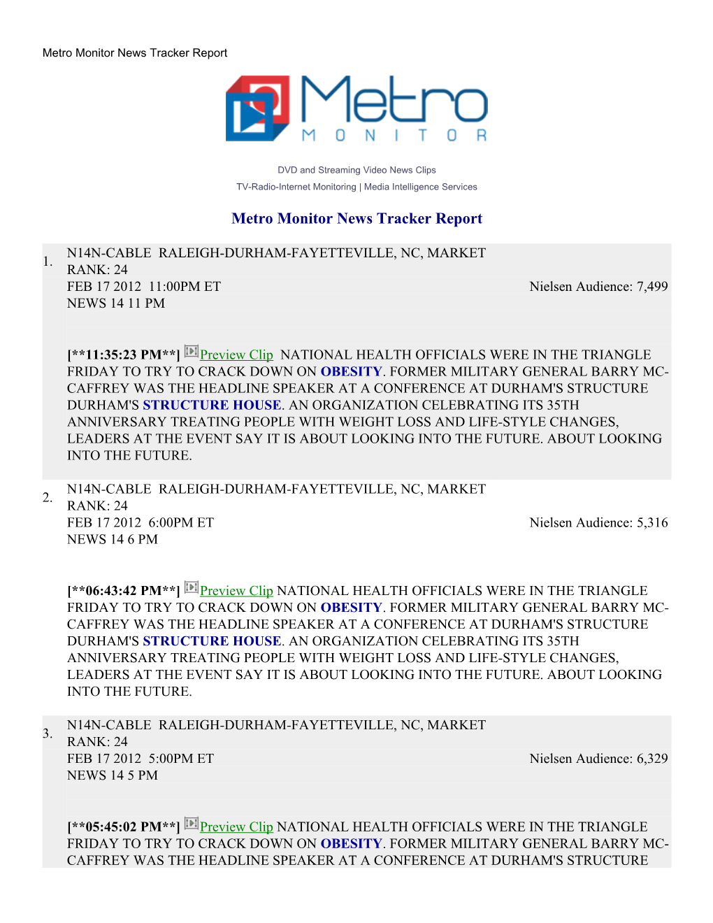 Metro Monitor News Tracker Report