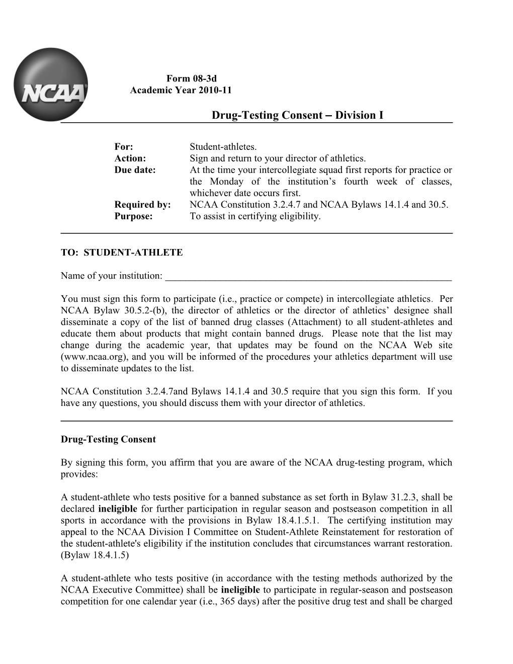 Drug-Testing Consent Division I