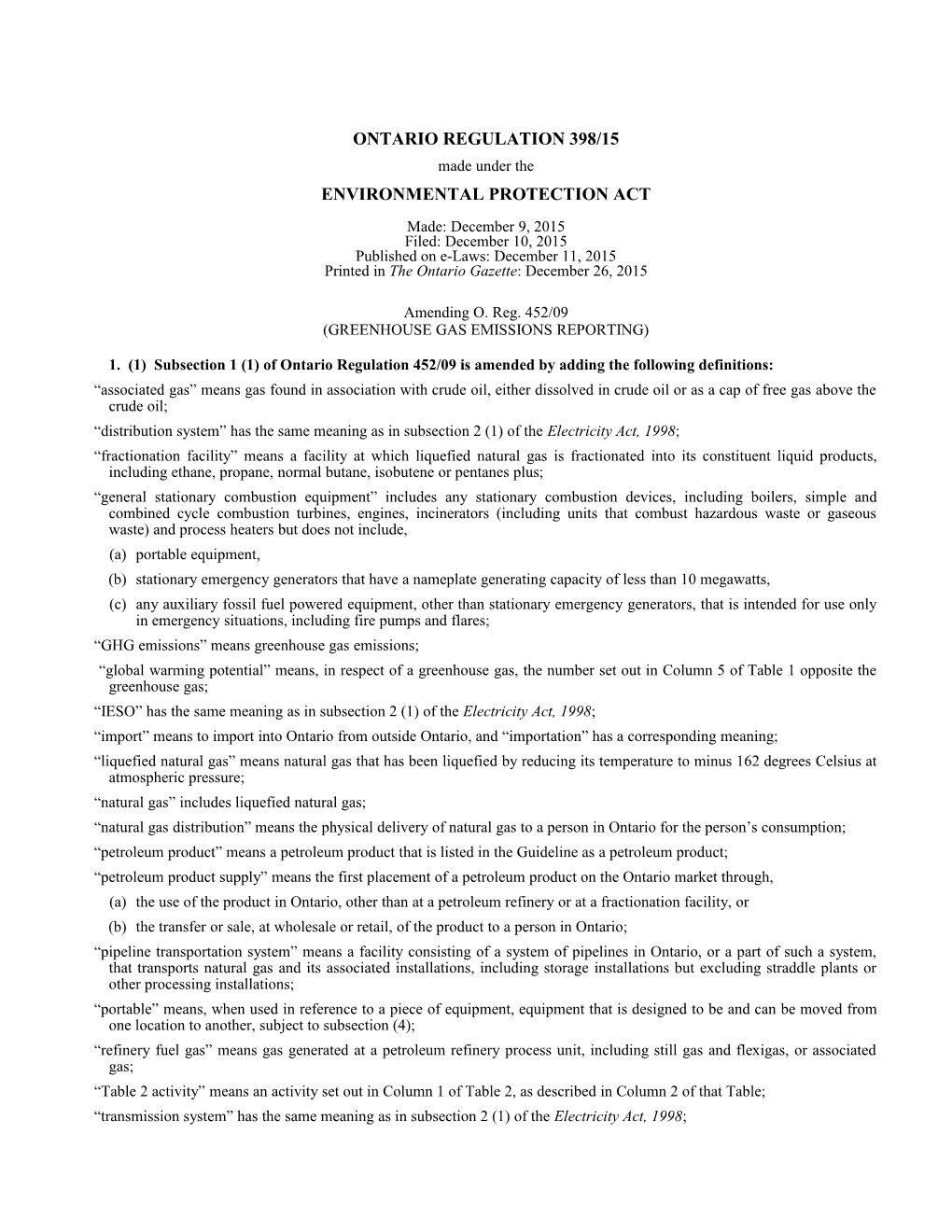 ENVIRONMENTAL PROTECTION ACT - O. Reg. 398/15
