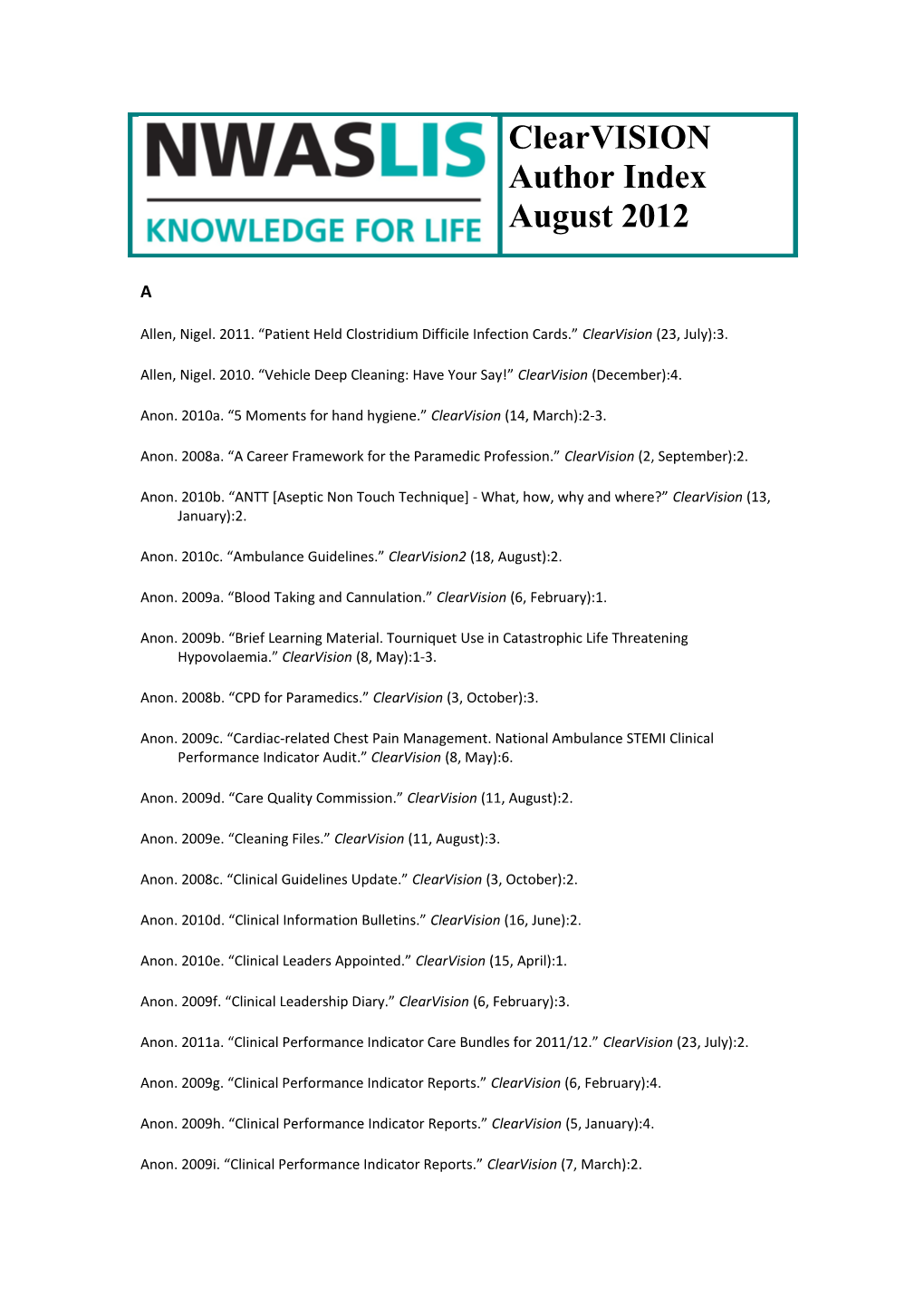 Clearvision Author Index 2008 - 2012