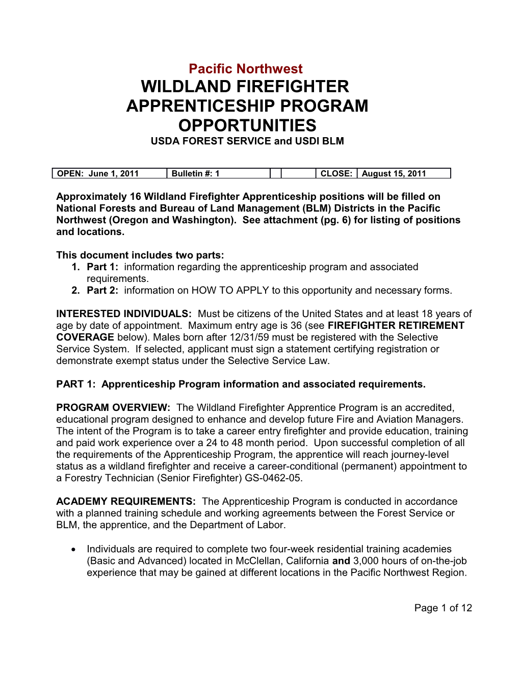 Wildland Firefighter Apprenticeship Program Opportunities