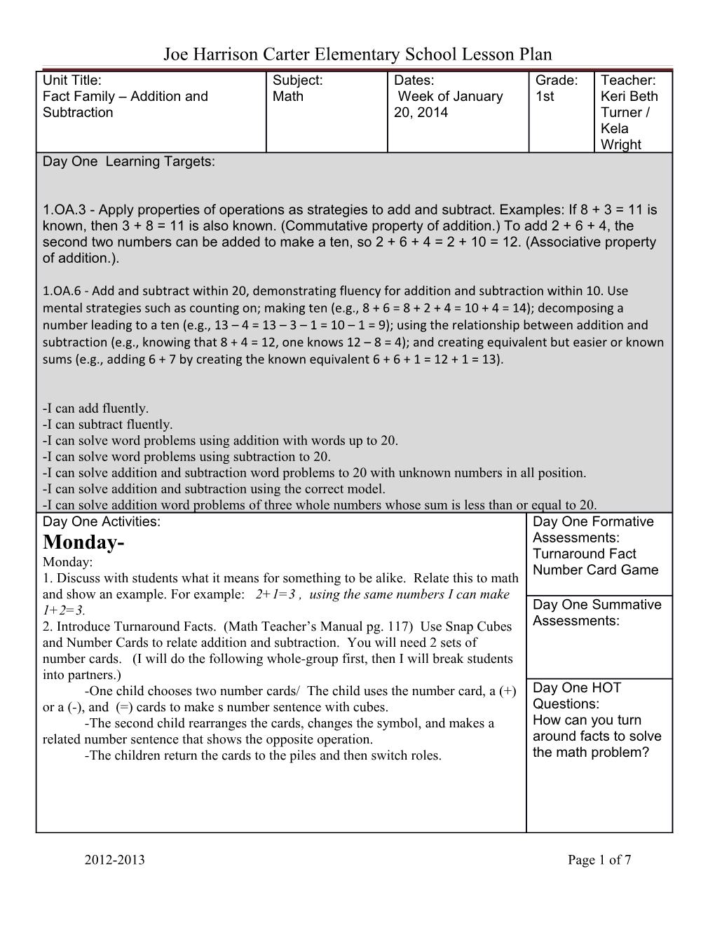 Joe Harrison Carter Elementary School Lesson Plan