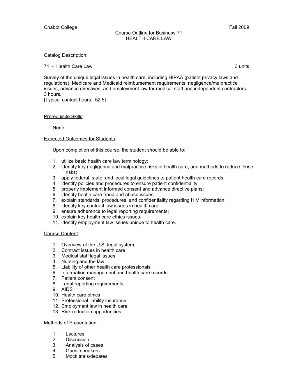 Course Outline for Business 71, Page 2