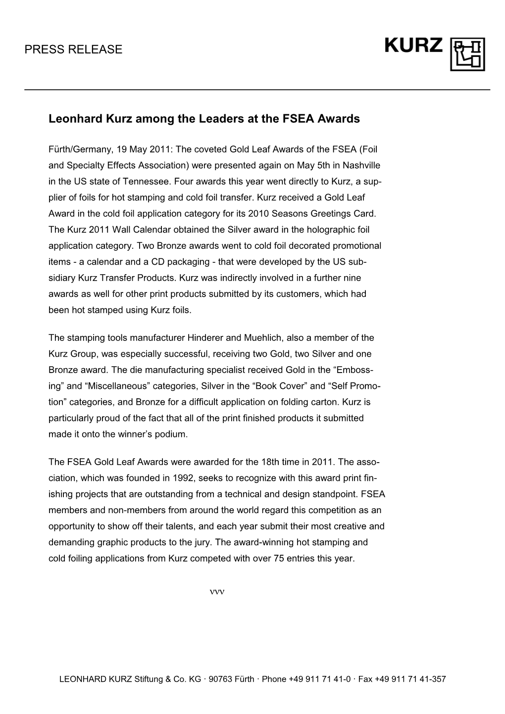 Leonhard Kurz Among the Leaders at the FSEA Awards