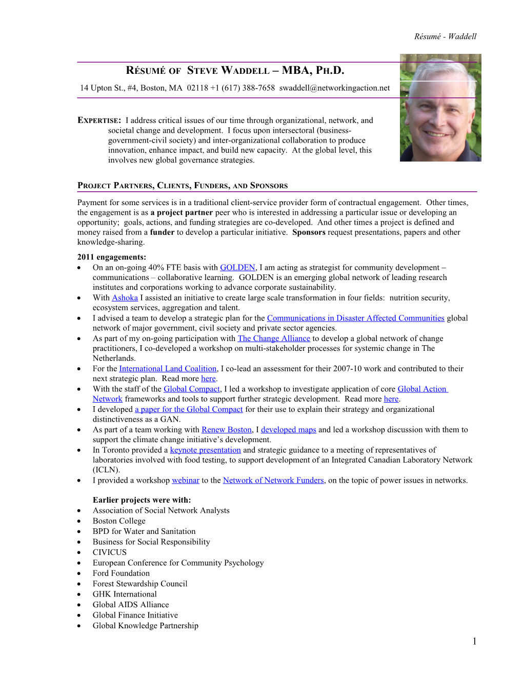 Résumé of Steve Waddell MBA, Ph.D