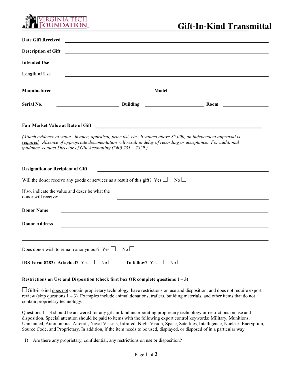 VTF Gift-In-Kind Transmittal Form