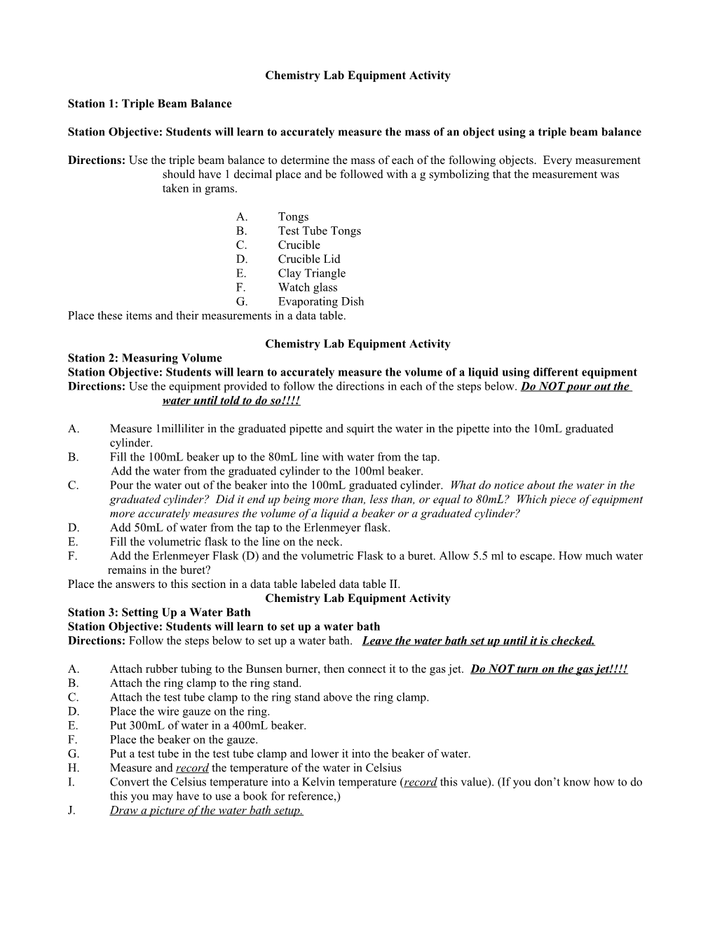 Chemistry Lab Equipment Activity