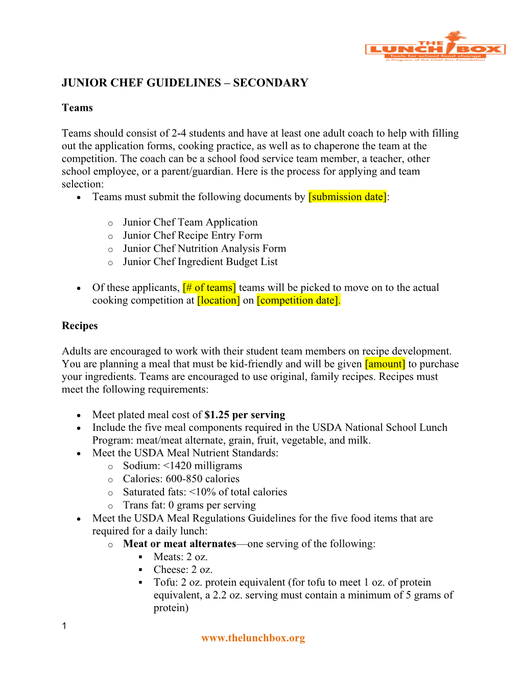 Junior Chef Guidelines Secondary