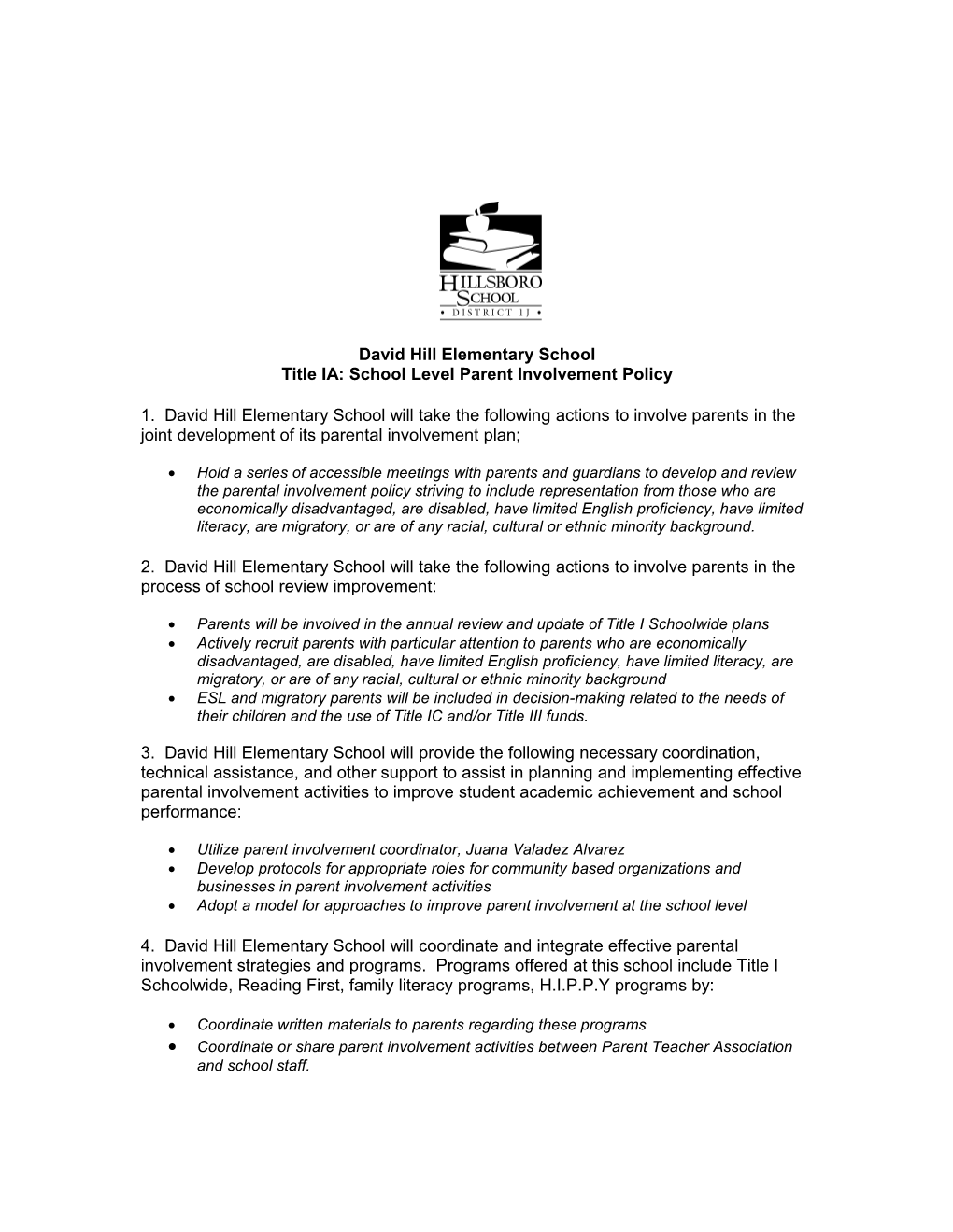 Titleia: School Level Parent Involvement Policy