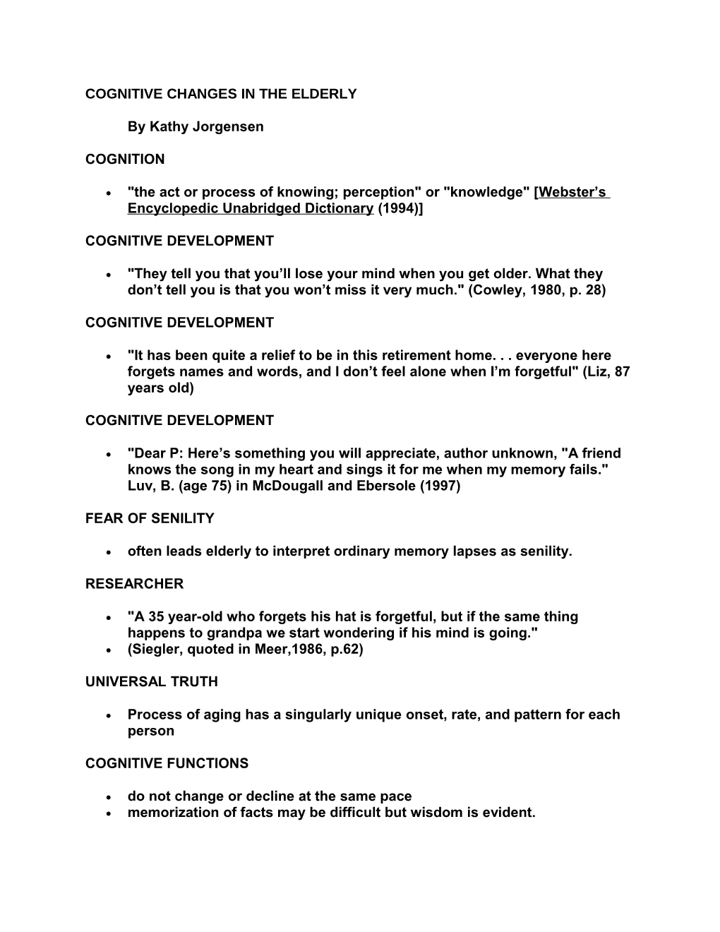 Cognitive Changes in the Elderly