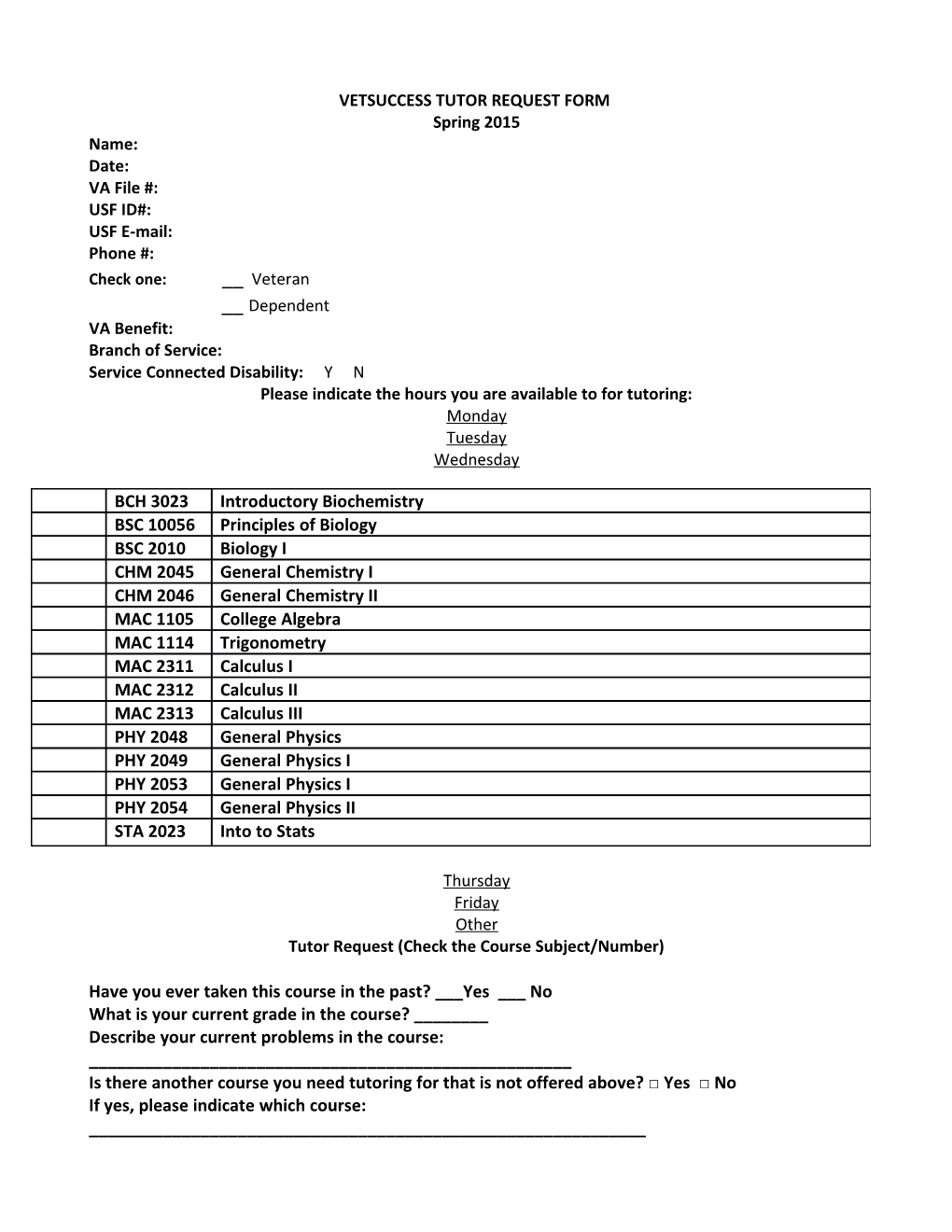 Return Form To: Vetsuccess on Campus, ALN 130