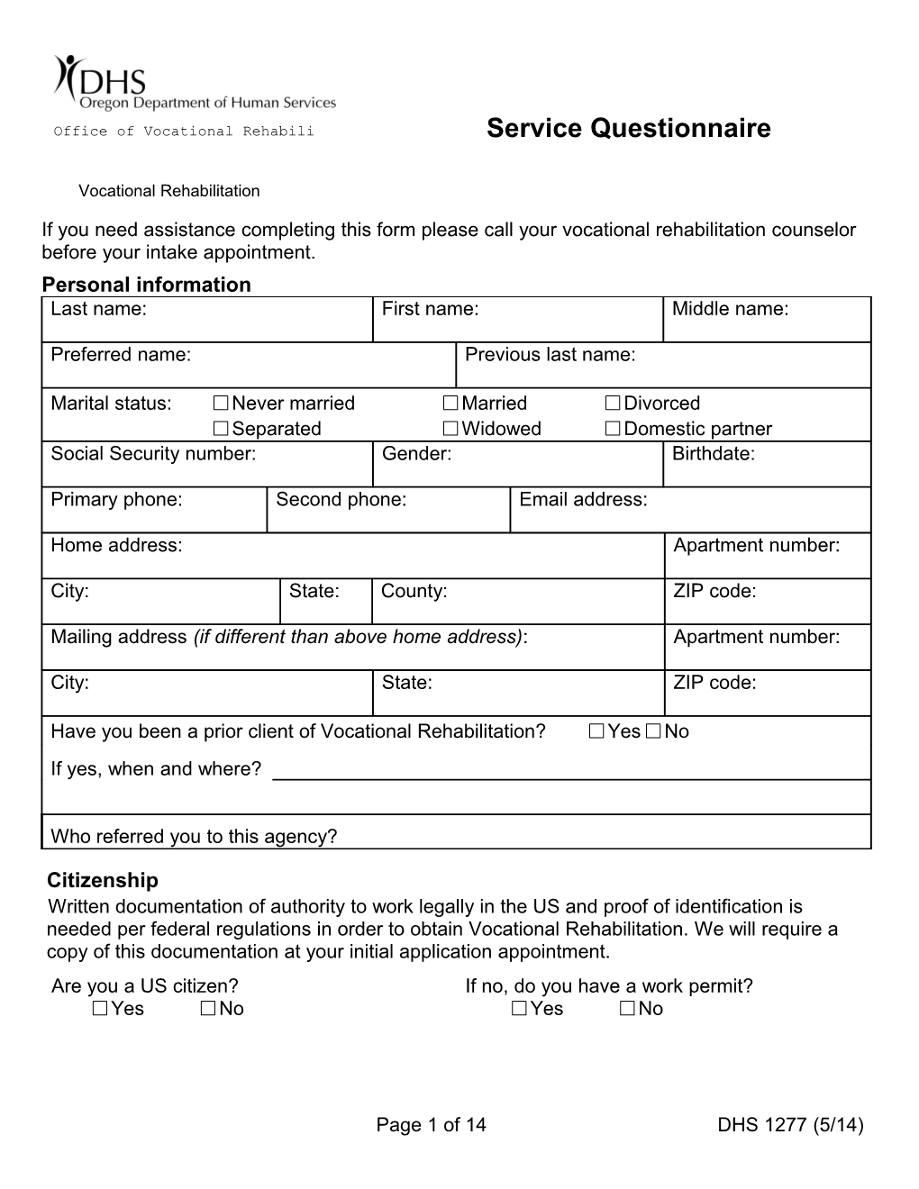Service Questionnaire (Vocational Rehabilitation Services)